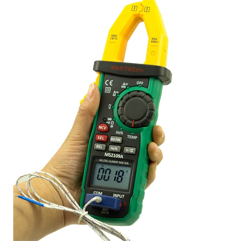

MASTECH MS2109A Auto Ranging Digital AC/DC Clamp Meter True RMS 600A Volt Amp Ohm Frequency Capacitance Temperature NCV Tester