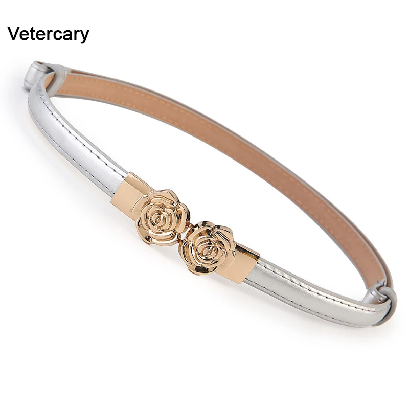 

New Fashion Thin Belts For Women gold rose Flower buckle Hasp Woman white PU Patent Leather waistband dress adjust wedding lady