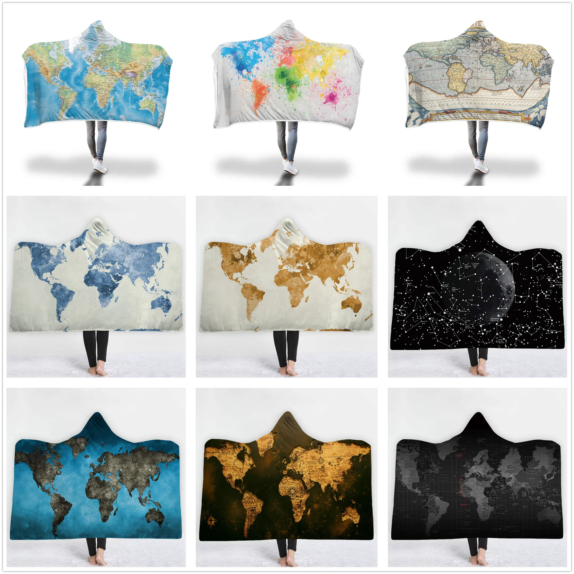 

Creative Map Series 3D Printed Plush Hooded Blanket for Adults Kid Warm Wearable Fleece Throw Blankets