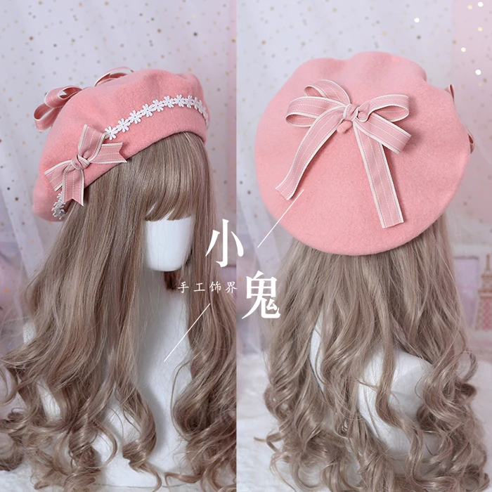 Японский берет в стиле Лолиты для девочек; Милая шерстяная женская шапка с бантом ручной работы; сезон осень-зима