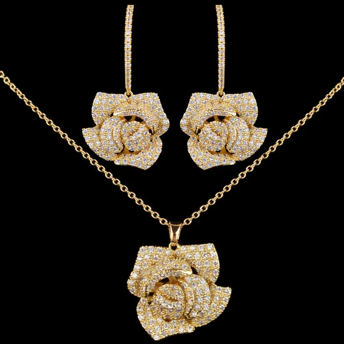

New design fashion luxury micro pave Cubic Zirconia rose flower jewelry set,high quality CZ pendant necklace earring set