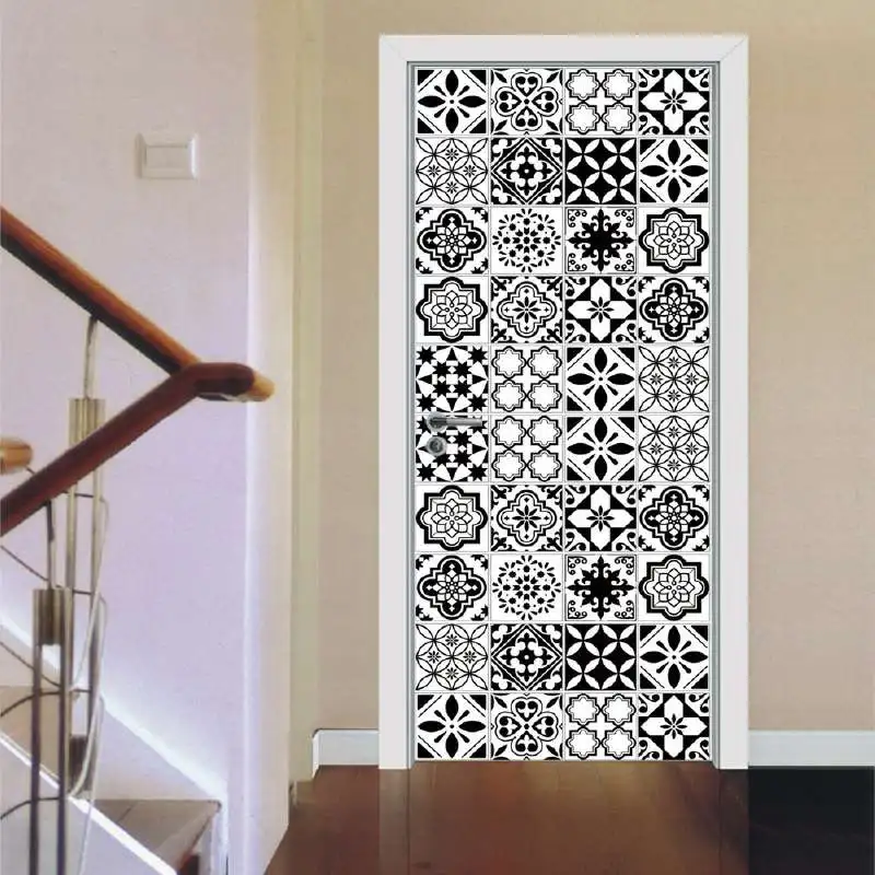 Черно-белая классическая плитка узор гончарная настенная дверь наклейка Съемная Фреска плакат со сценами имитация 3D наклейка плакат со сценами - Цвет: F088