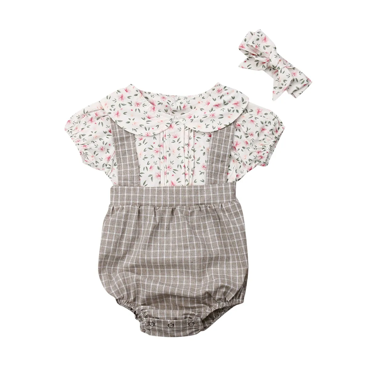 

0-18M Cute Newborn Baby Girl Short Sleeve Peter Pan Collar Floral Plaid Baby Bodysuit Jumpsuit Headband 2PCS Sunsuit Clothes