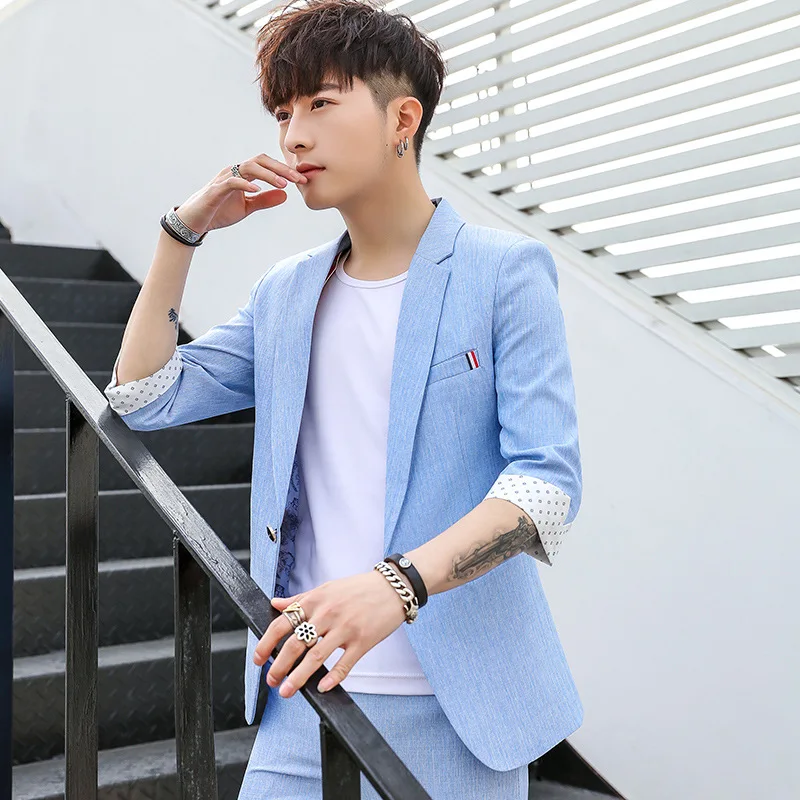 

2019 summer autumn new Korean men suits five-point sleeves suit nine points pants Plus size 3xl blazer jacket+pants 2 pieces set