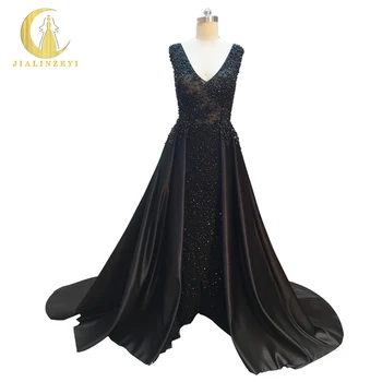 

Rhine Real Sample Image Luxurious Sexy V Neck Black Pearls Crysal Lace and Satin Evening Dresses 2016