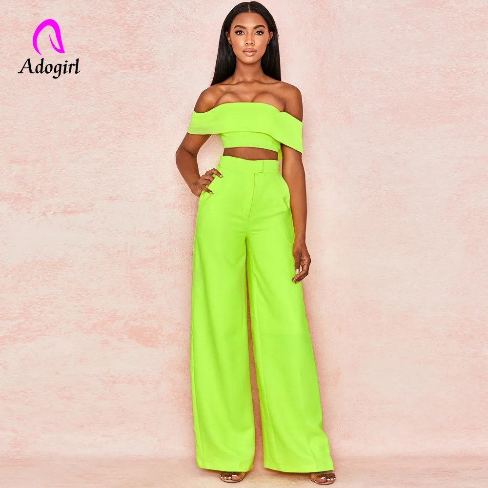 

Adogirl Neon Slash Neck Two Piece Set Off Shoulder Elegant Women Crop Top and Wide Leg Pants Bodycon Long Trousers Women Suits
