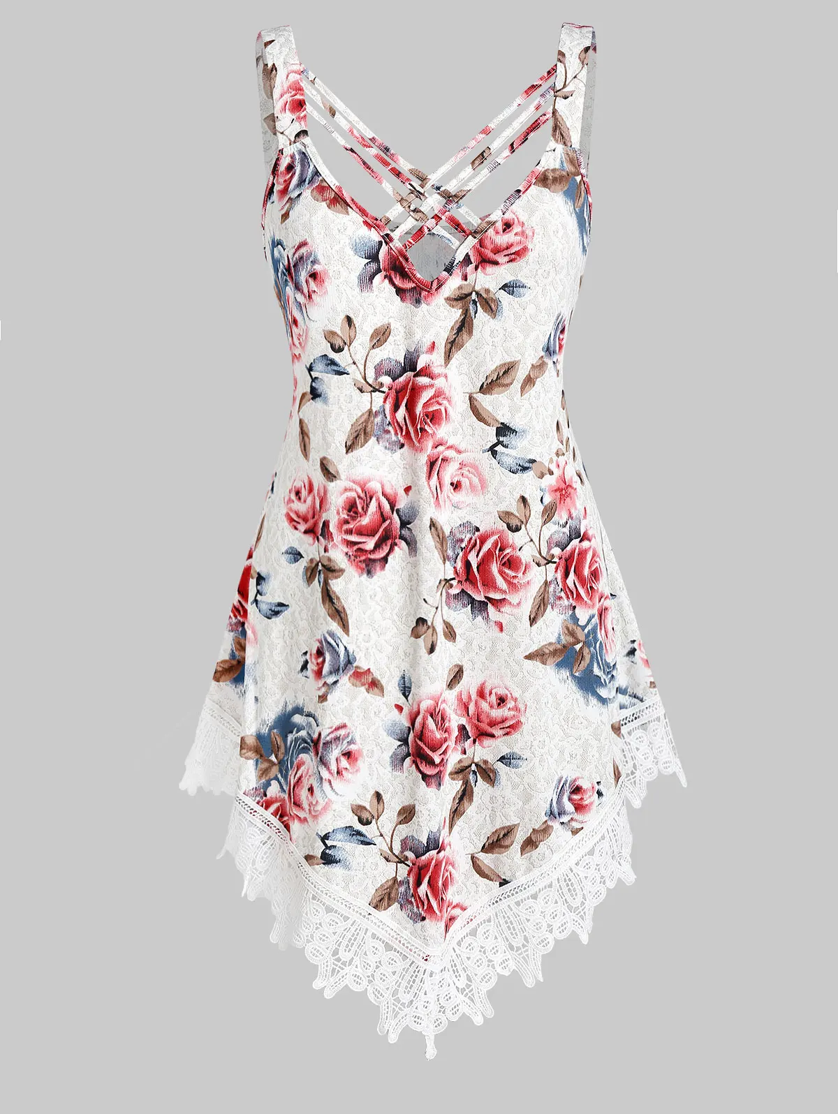 

Wipalo Plus Size Lace Panel Floral Print Tank Top Asymmetric Women Casual Sleeveless Long Tops Summer Women Clothes 2019