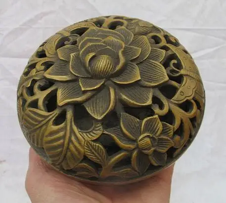 

B0601 512China Bronze Copper Hollow carved Buddhism Lucky Lotus Butterfly Incense Burner statue