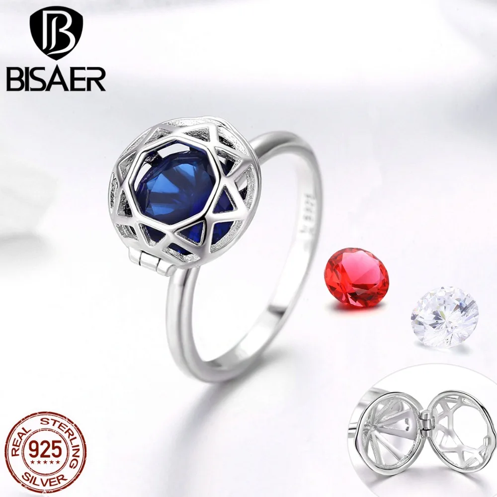 

BISAER DIY Ring 925 Sterling Silver Blue Crystal Red Zircon Simple Geometric Finger Rings Women Wedding Ring Jewelry Anel ECR492