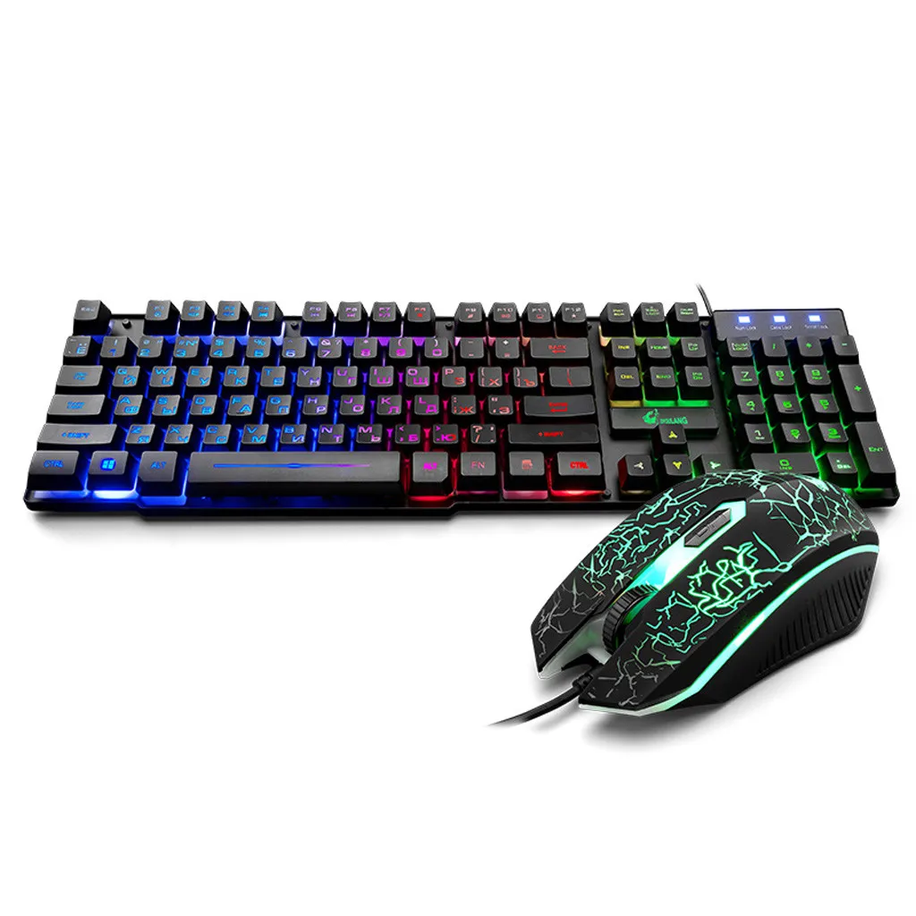 

English/Russian Wired LED Rainbow Backlight Usb Ergonomic Gaming Keyboard and Mouse Set for PC Game Mouse and Keyboard Kit 527#3