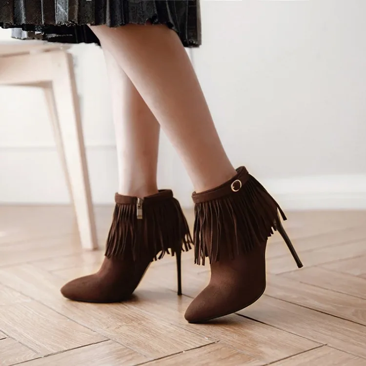 

Big Size 11 12 13 14 15 Europeans and Americans with sharp heels, high heels, side zippers, fringed boots