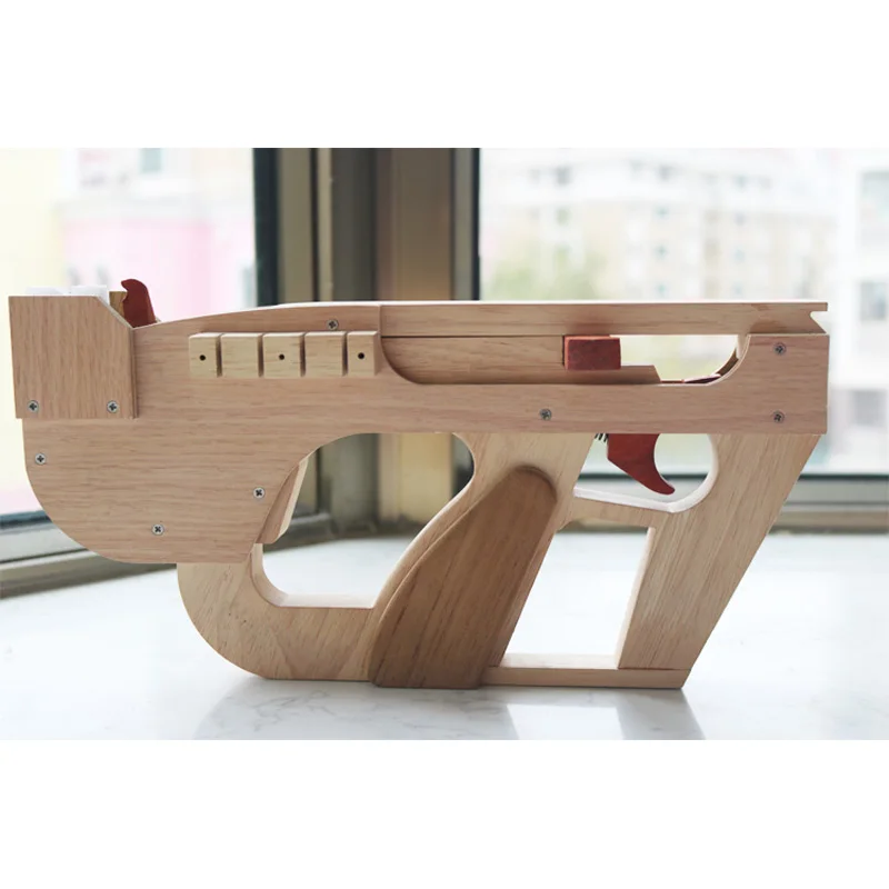 

blaze away machine gun with leather band Wood Submachine gun model Single shot Loading Rubber and launches toy boy