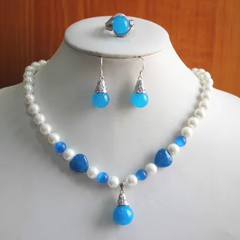 

birthday gift! jewelry set!Wholesale noble Women's mixed white and blue pearl/jade Necklace earring ring(7/8/9) set #218