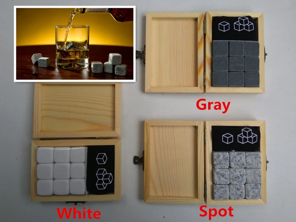 

3 colors 9pcs/set Whiskey Stones with wooden box+velvet bag whisky whiskey rocks stones cube stone wooden box free shipping