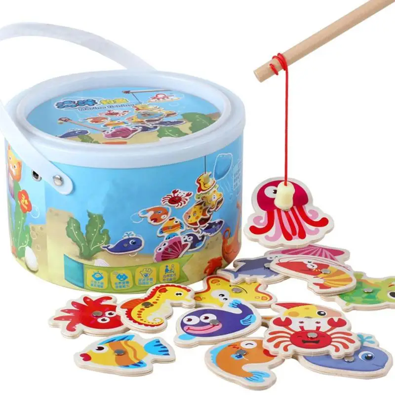 

Children Fish Toys Set Fishing Game Wood Magnetic Baby Educational Toy Funny Simulation Carp Kids 3D Jigsaw Puzzle Toy