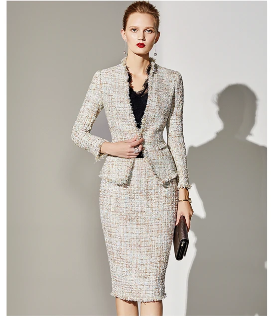 Women's skirt suit Professional tweed jacket + skirt 2020 spring / autumn / winter women's jacket ladies 2 piece skirt suit Khaki