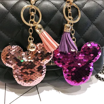 

Double-sided reflective sequins Mickey Keychain Lovers Bags Keyrings Pendant Car Bears Decoration Gifts Car Interior Accessories