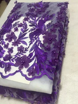 

2018 High Quality African Lace Fabric Purple French Net Embroidery Beaded Tulle Lace Fabric For Nigerian party Dress for women