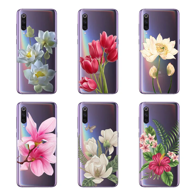 Xiaomi Mi 9 Case,Silicon Black Painting Flower Soft TPU Back Cover for Xiaomi Mi 9 SE Protect Phone Cases Shell