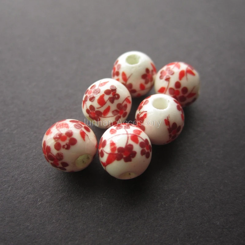 

40Pcs/Lot 8mm 10mm 12mm Ceramic Beads Round White with Red Blossom For jewelry making
