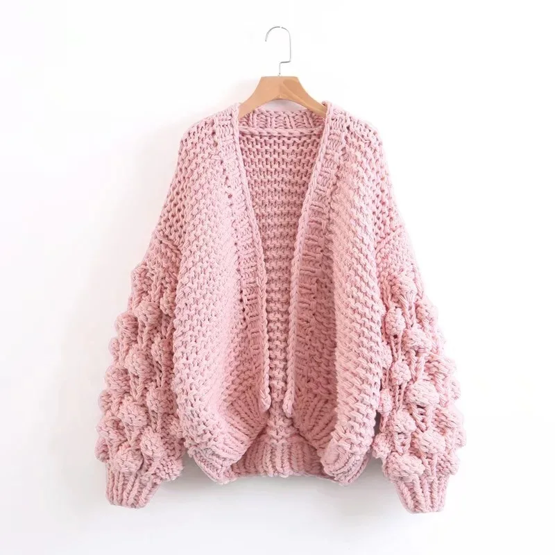 

2018 Autumn Fashion Women Thick Wool Cardigan Sweaters Solid Color Hand Knitted Lantern Sleeve Sweater Cardigans BB480-loose