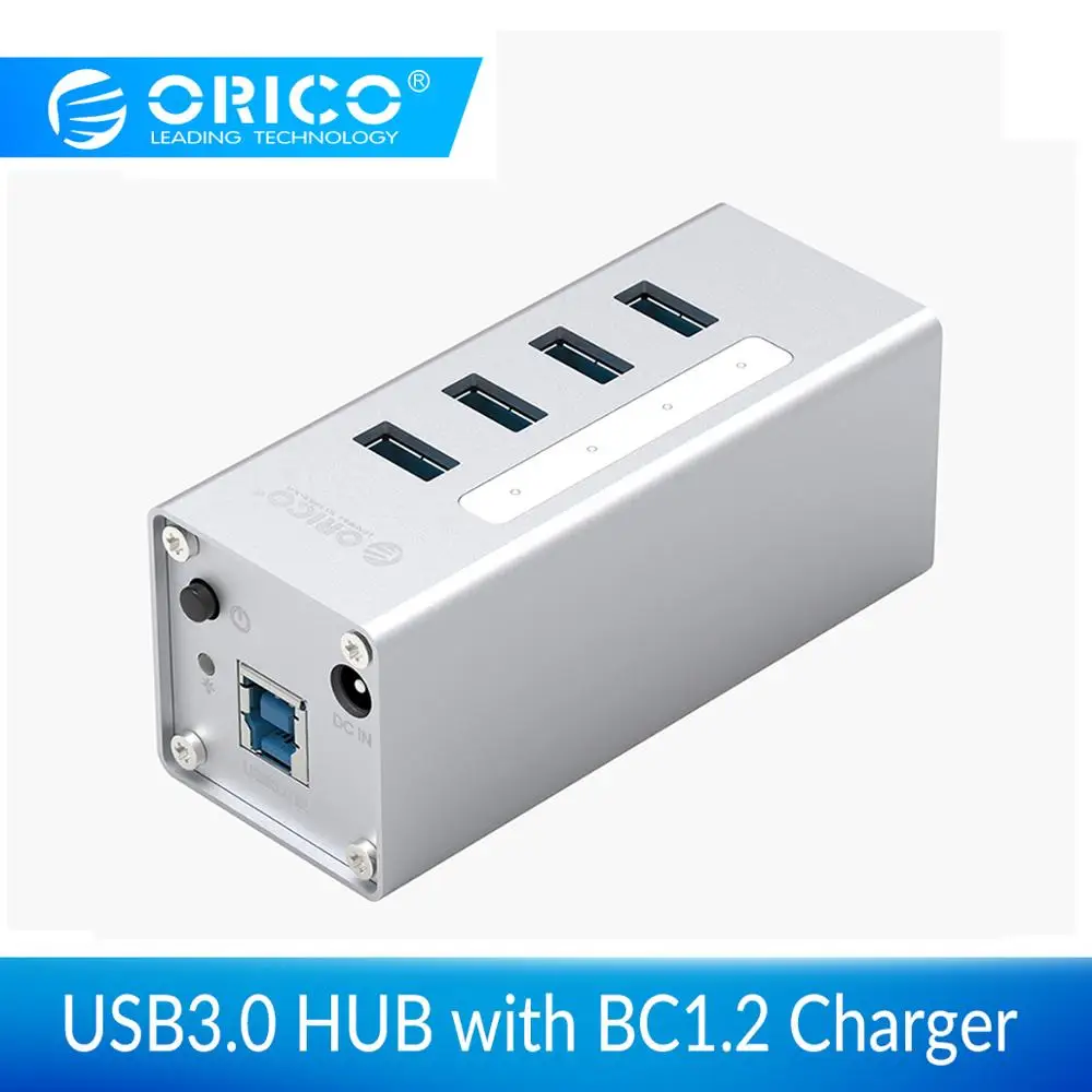

ORICO Aluminum USB HUB Support BC1.2 Charger Multi 4 Port USB3.0 Splitter with 12V Power Adapter 1MData Cable for MacBook Laptop