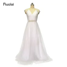 Real Sample Luxury Rhinestone Top V-Neck A-Line Tulle Wedding Dresses Beaded Long Bridal Gown Sheer Top Summer Wedding FW53