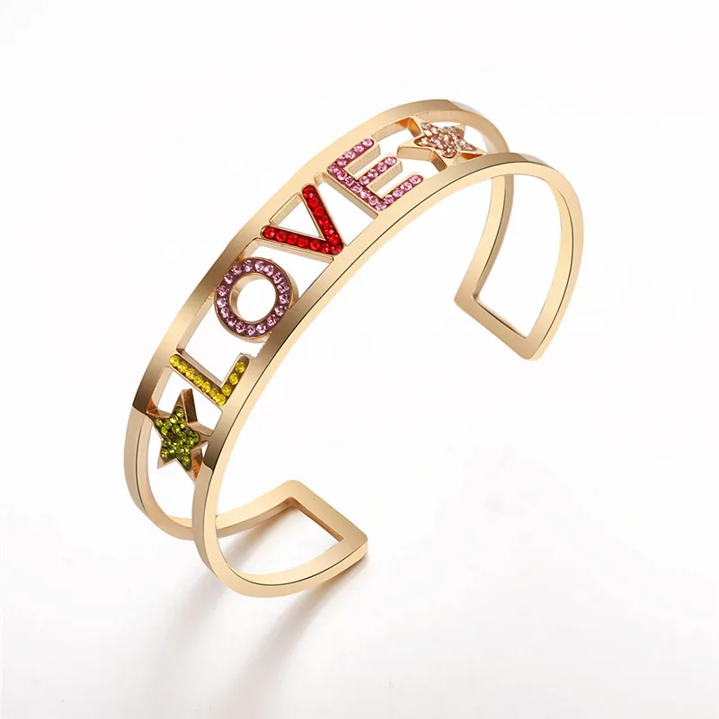 Открытый браслет из нержавеющей стали, браслет с надписью «Star Forever Love You& Me» для женщин, разноцветные хрустальные Драгоценности вечерние, подарок, новинка - Окраска металла: love gold