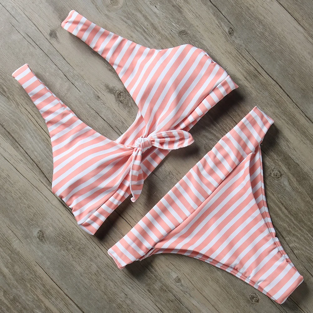 

Striped Swimmingsuit Solid Bow Bikini Set Sexy Push Up Pure Swimwear Women's Swimming Bathing Suit Beachwear Bikini