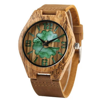 

Double Green/White Unique Dial Wrist Watch Quartz Simple Men Nature Wood Bamboo Women Creative Watches Genuine Leather Band Gift