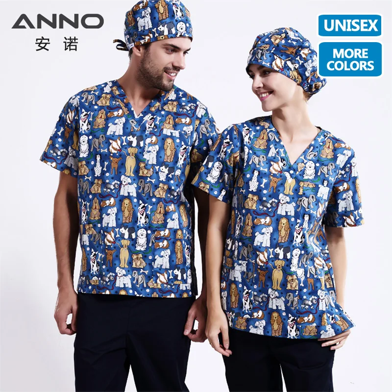ANNO 5XL плюс Размеры медицинская одежда униформа медсестры с Пёс из мультфильма скрабы комплект Медицинские костюмы футболка и штаны
