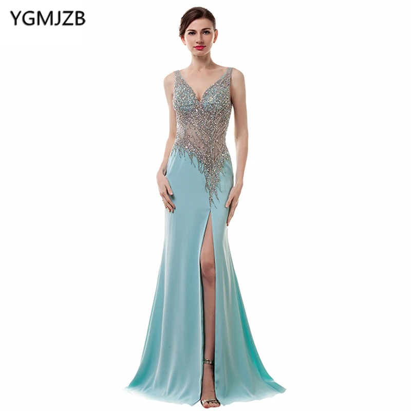

See Through Evening Dresses 2019 Mermaid V Neck Spaghetti Strap Side Split Backless Beaded Chiffon Long Evening Gown Prom Dress