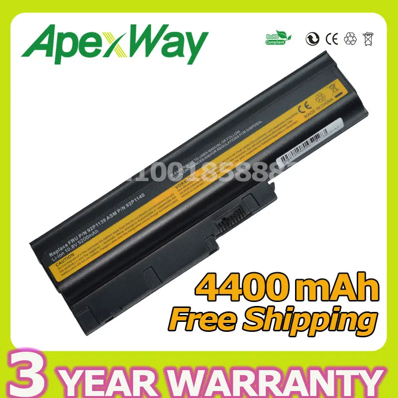 

Apexway 6 cells 4400mAh for Lenovo Thinkpad t60 t60p T61 R60 R61 Z60 92P1133 42T4619 92P1138 42T5246 42T4572 42T4511