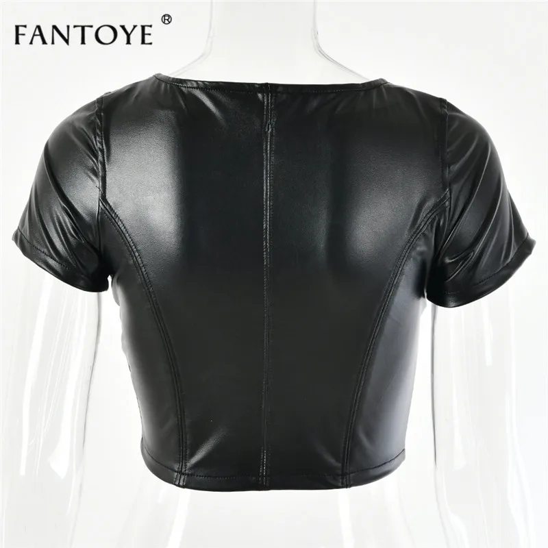 Fantoye PU Leather Bodycon Women Crop Top Sexy Black Summer Autumn Mini Tank Top Femme Sexy Party Haut Ladies Bustier Short Tops