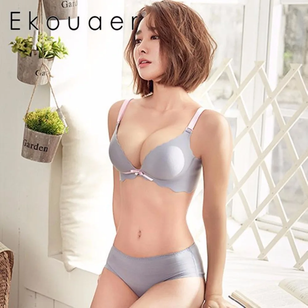 Ekouaer Sexy Seamless Bra Gather Adjustable Women's Bra Seamless Underwear Push Up Padded Bra Female Girls Intimates