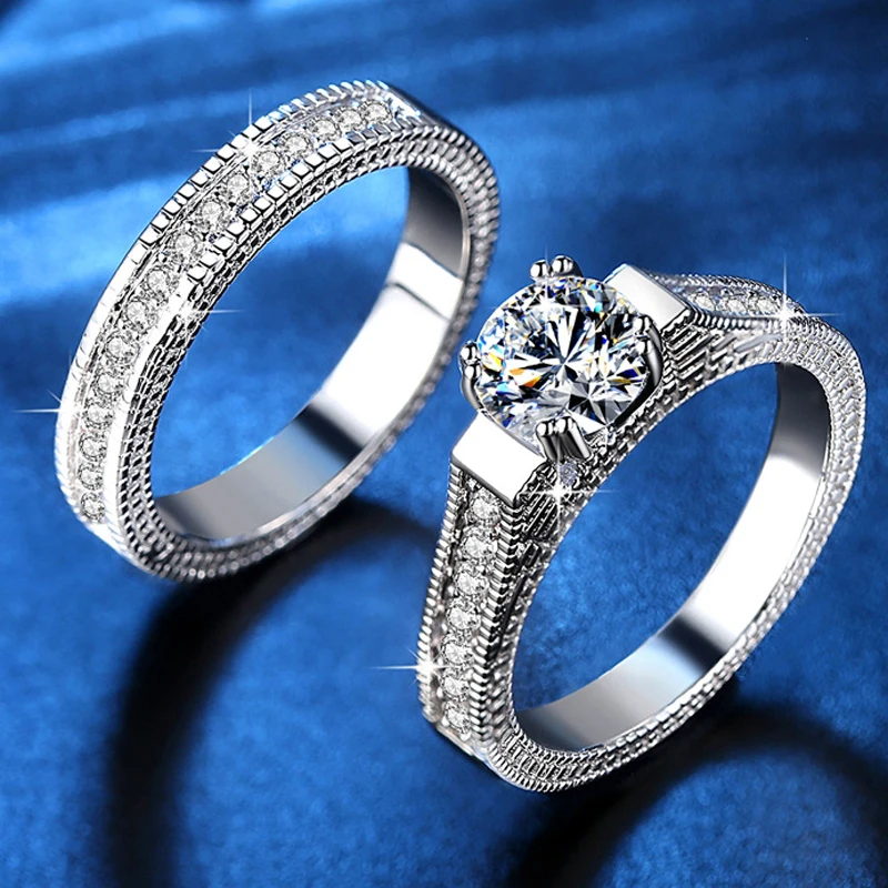 Women Silver Color Luxury 2 Rounds Cubic Zirconia Fashion Wedding Rings Sets, Men CZ 316L Stainless Steel Ring Couple Gifts