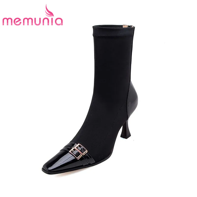 

MEMUNIA cloth+genuine leather boots woman in autumn winter boots for women sexy square toe thin heels ankle boots female shoes