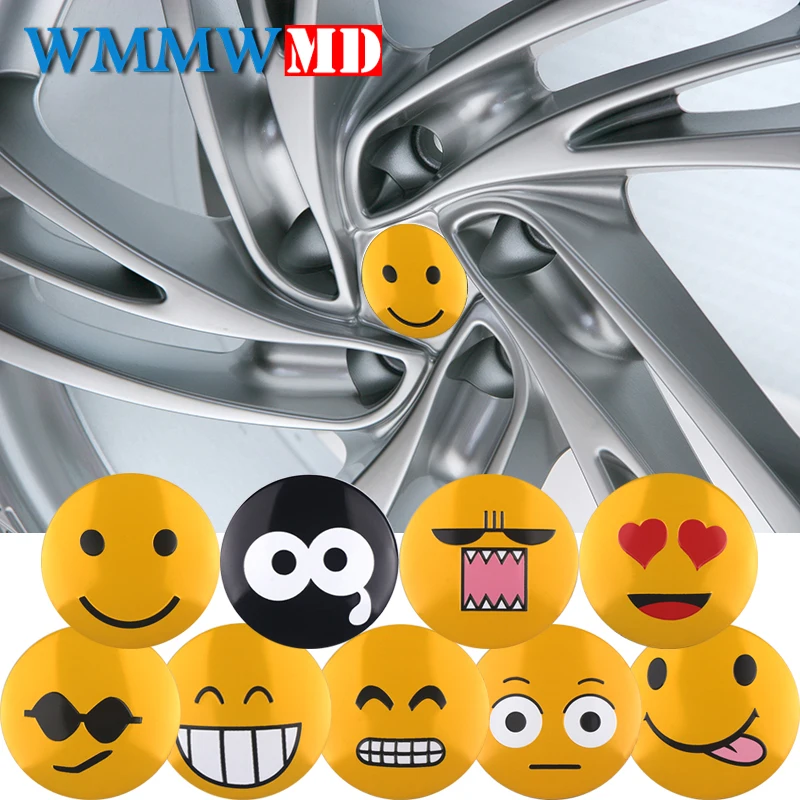 

4PCS Car 56mm Funny Emoji Smile Face Stickers Emblem Decal Badge Wheel Hub Center Caps Sticker Car Styling Auto Decoration