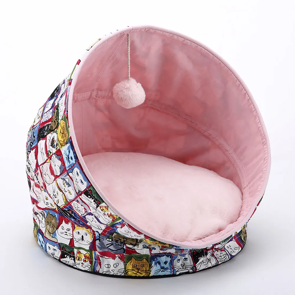 Кошка Кровать дом теплый мягкий хлопок для питомца спящий котенок с играющим мячом моющийся Мат Розовый Съемный кошачий дом для зимы