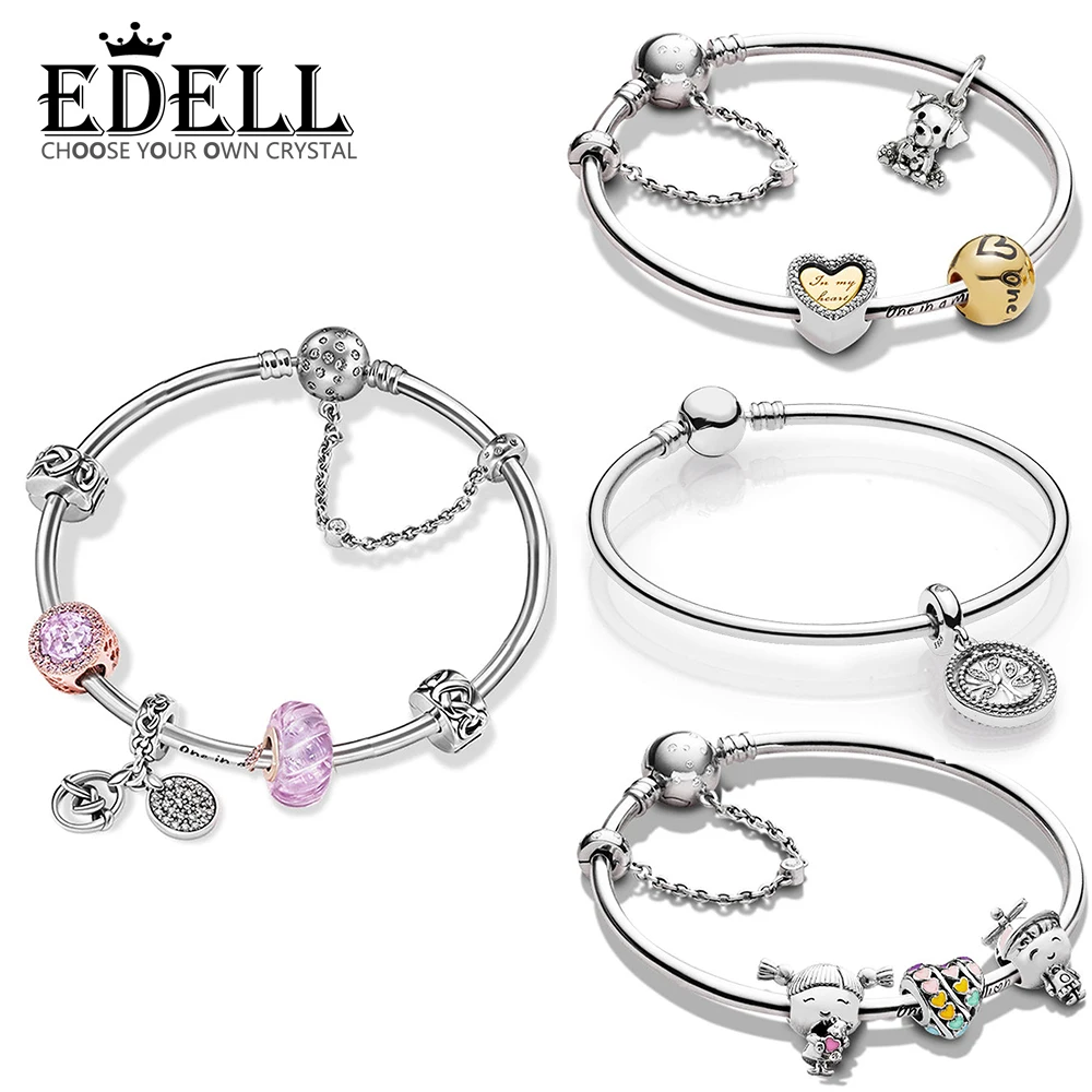 

EDELL 100% 925 Sterling Silver Family Tree Bangle Gift Set Fun Childhood Love Knot Only Love Everlasting Bracelet Set