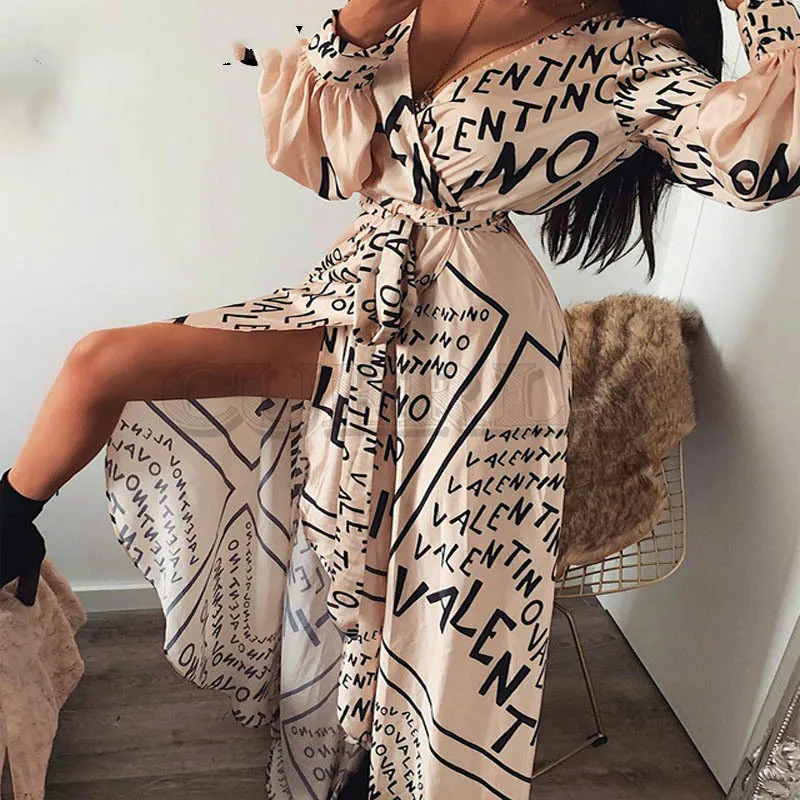 Image Women Letter Print Sexy V Neck Thigh Slit Maxi Dress Long Sleeve Elegant Boho Beach Dress Casual Long Dresses