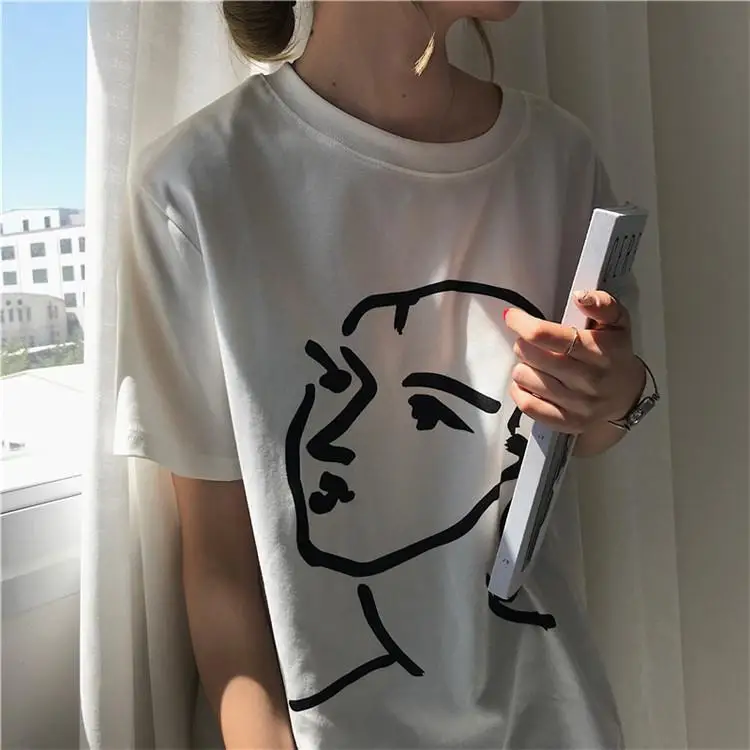 

kuakuayu HJN Henri Matisse Line Drawing Face Art T-Shirt Women Cute Korean Fashion Graphic Tee