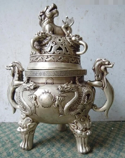 

R0722 Details about 12" China silver lion 2 dragon play bead censer Incense Burners Sculpture statue