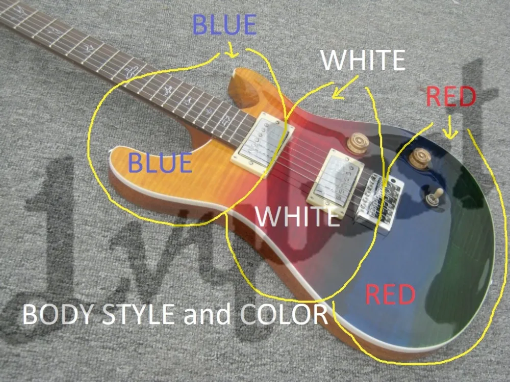 

Electric guitar customized color blue white red finished, bats inlay on maple fingerboard,HHH open pole pickups,free shipping!