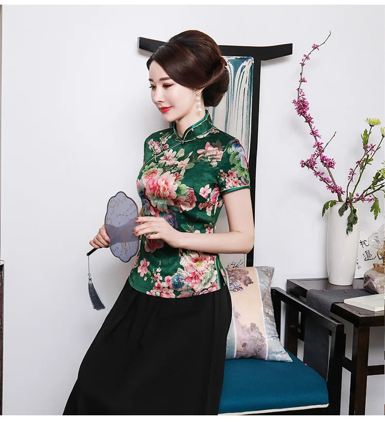 Sheng Coco женские топы в китайском стиле, зеленые Топы Cheongsam, шелковые атласы, китайская рубашка, элегантные топы с принтом пиона, китайская одежда