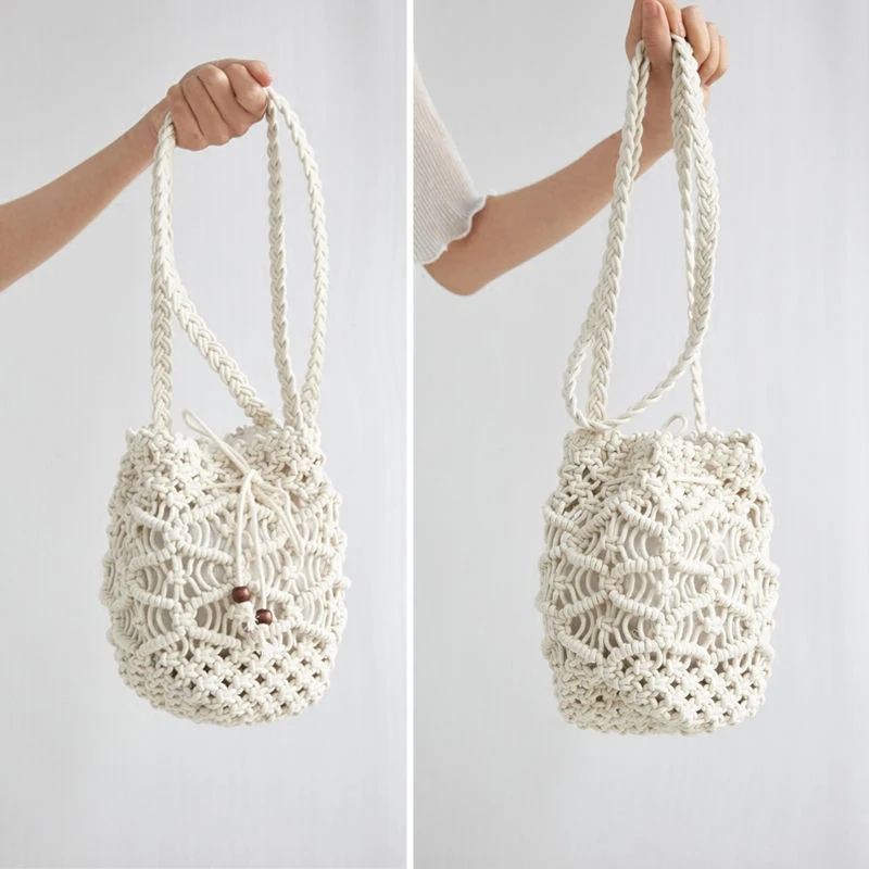

Ins Mori Girl Art Fan Handmade Cotton Bucket Bag Retro Shoulder Bag Weave Bag