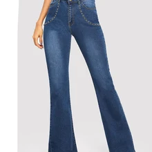 Джинсы для женщин, украшенные бисером джинсы с высокой талией, женские синие джинсовые расклешенные брюки, женские джинсы, брюки