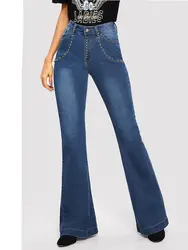 Джинсы для женщин бисером Высокая талия джинсы для женские синие винтажные женские джинсы брюки