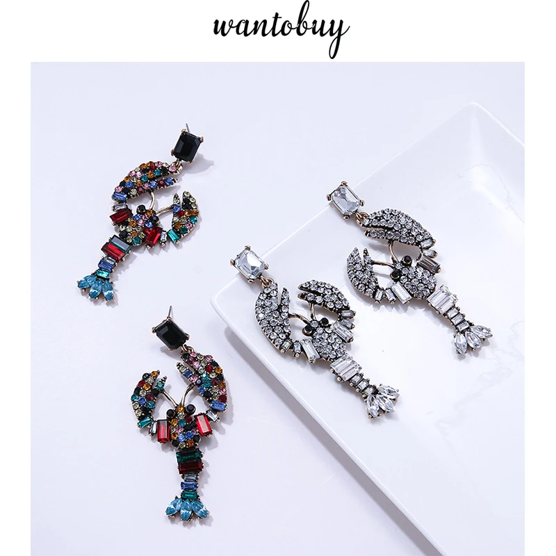 

Wantobuy Fashion Glass Crystal Rhinestone Big Dangle Statement Earrings Funny Lobster Drop Earrings Party Oorbellen Voorvrouwen