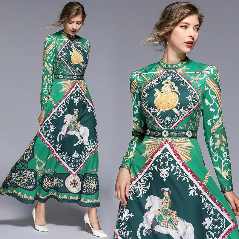 

2019 Spring New Retro Green Printing Dress O-Neck Long Sleeve Ankle-Length Elegant Big Swing Maxi Dresses for Women